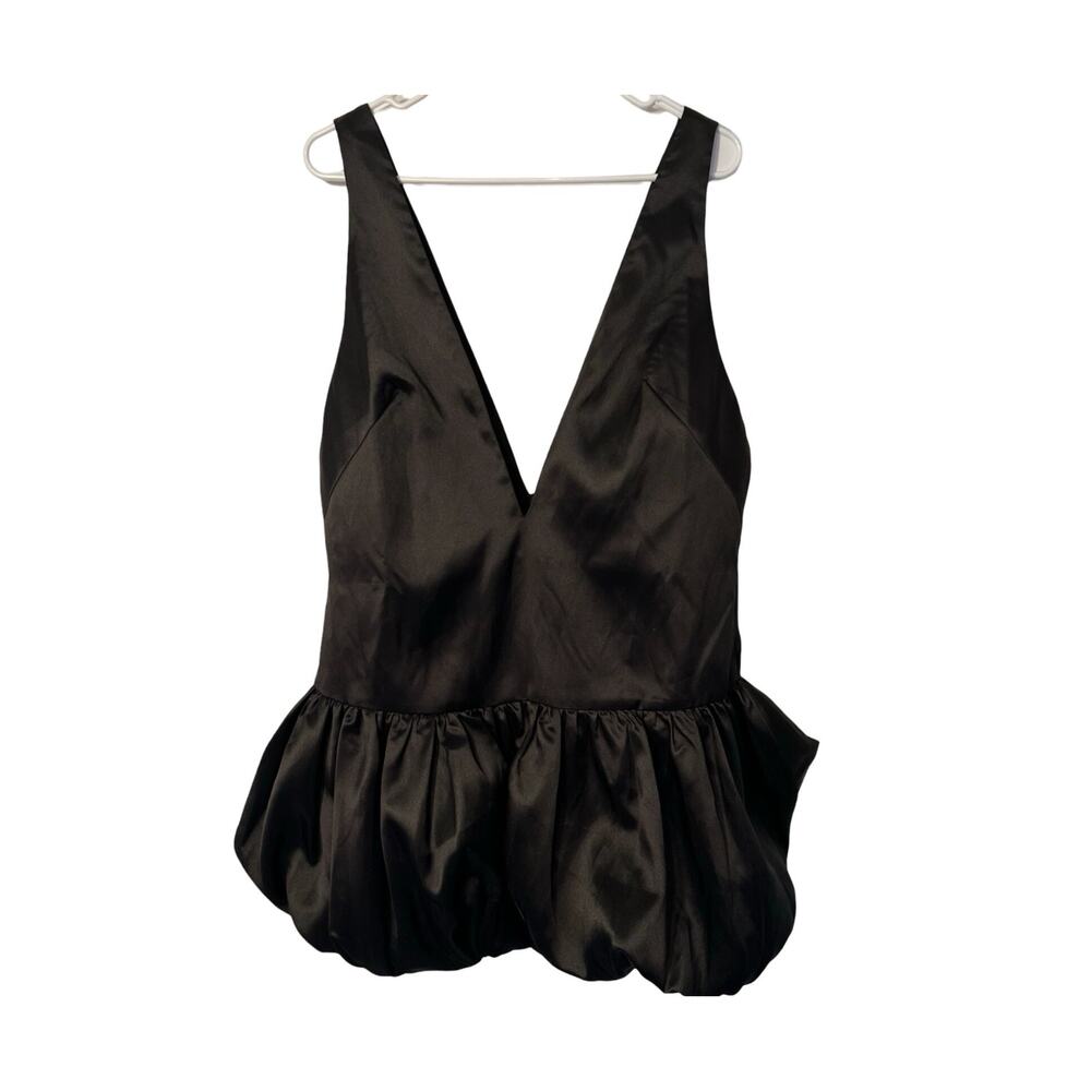 Nasty Gal Dress Womens Size 8 Black Satin Low Plunge Puffball Hem Structured NWT